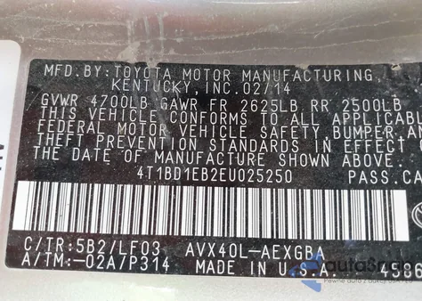 2014 Toyota Avalon Hybrid Xle Premium from USA, damaged, VIN 4T1BD1EB2EU025250